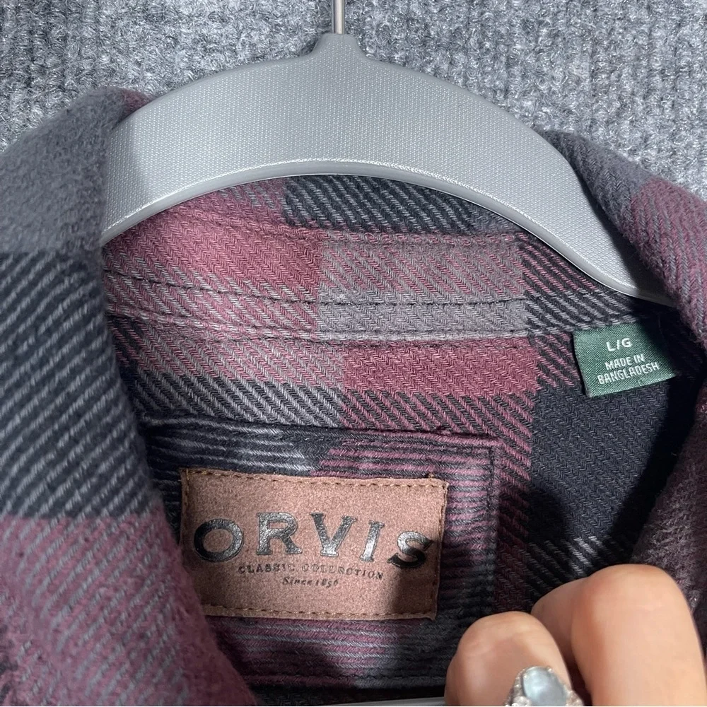 Orvis Mens Large Plaid Flannel Big Bear Shacket‎ Heavyweight Maroon Shirt Jacket
